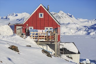 Typical Greenlandic house in front of fjord and snowy mountains, sunny, Inuit settlement, winter,