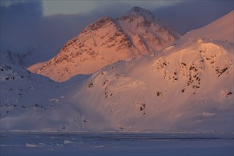 Evening light on snowy mountains, Arctic, Winter, Kulusuk, East Greenland, Greenland, North America