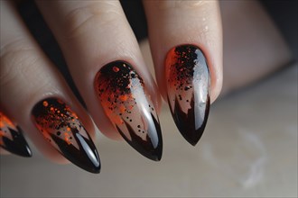 Woman's long fingernails with black and orange Halloween themed nail art design, Generative Ai, AI