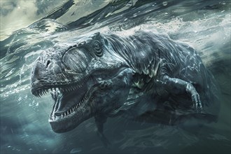 Large Mosasaurus dinosaur swimming in water. Generative Ai, AI generated