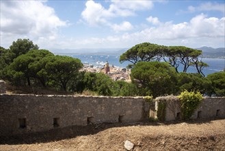 View over the roofs of Saint Tropez with the church Notre-Dame de l'Assomption, behind it the bay