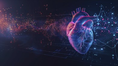 Futuristic digital rendering of a human heart with neon lights and particle effects in blue and