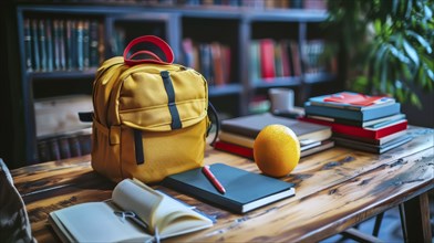 A yellow backpack and books are neatly arranged on a wooden table in a cozy classroom setting, AI