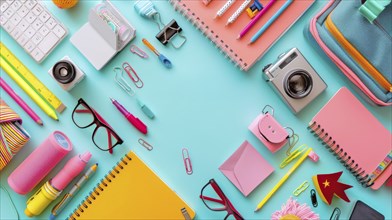 Colorful assortment of stationery, including notebooks, pencils, pens, glasses, and a camera,