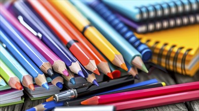 A close-up of colorful pencils and notebooks, showcasing their vibrant colors and sharp tips, AI