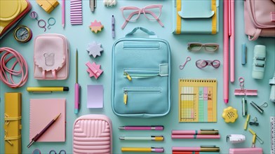 Pastel-colored school supplies and backpack are neatly arranged, including pens, notebooks, and