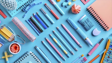 An assortment of blue-toned stationery items, such as pencils and notebooks, is neatly arranged on