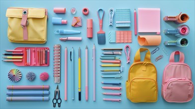 A collection of school supplies, including colorful backpacks, pens, and notebooks, neatly arranged