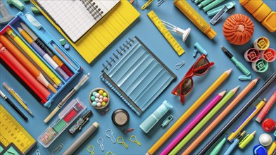 Various colorful stationery items are neatly arranged on a blue background, including pens,