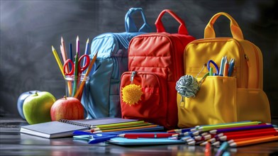 Three colorful backpacks with school supplies such as pencils and apples are placed on a dark