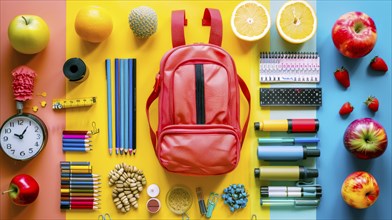 A red backpack surrounded by school supplies and various fruits, laid out on a colorful background