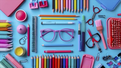 A vibrant display of neatly arranged stationery on a blue background, including glasses, pencils,