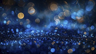 Abstract image with bokeh lights in blue and golden tones creating a dreamy and serene atmosphere,