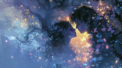 A couple shares an intimate moment amidst glowing lights and tree branches, creating a romantic and