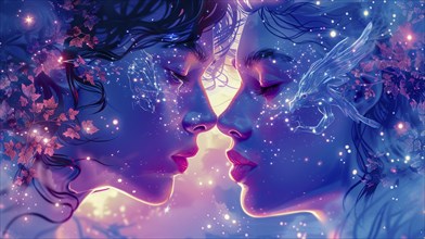 Two figures face each other closely, surrounded by stars and glowing elements, evoking a dreamy,