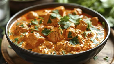 A bowl of creamy chicken curry garnished with fresh cilantro leaves, AI generated