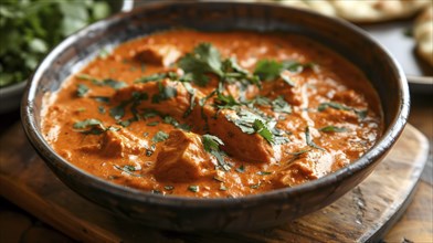 Chicken pieces in a creamy orange curry sauce with a fresh cilantro garnish, presented on a rustic