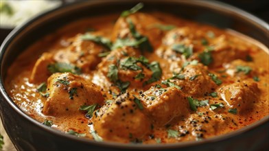 Pieces of chicken in a rich, creamy curry sauce garnished with fresh cilantro, giving an appetizing