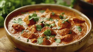 Pieces of chicken in a rich, creamy curry sauce garnished with fresh cilantro, giving an appetizing