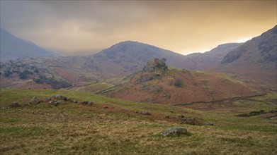 View of the English mountain landscape in the evening light, Cumbria, Lake District, North West