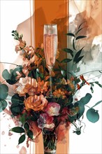 A vibrant watercolor bouquet featuring a champagne glass surrounded by flowers and leaves,