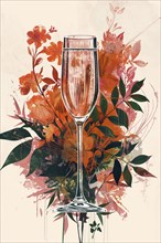 A single champagne glass surrounded by delicate watercolor flowers and leaves, creating an artistic