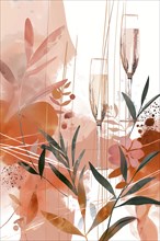 An abstract watercolor of flowers and leaves with two champagne glasses, creating an elegant and