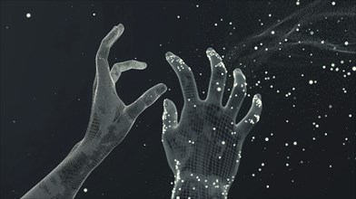 Two digital holographic hands reaching towards each other with particles floating against a dark