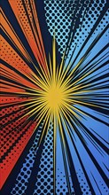 Dynamic comic-style image with a central yellow starburst surrounded by orange and blue halftone