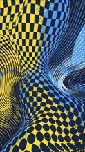 Colorful abstract art with wavy checkered patterns in yellow and blue creating an optical illusion,