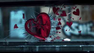 Red heart shattered with broken glass pieces exploding, set against a blue urban background, AI