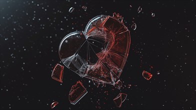 Shattering glass heart against a dark background with red fragments flying, symbolizing sudden