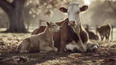 A cow and a calf rest together in an autumnal meadow, emphasising the peaceful society that AI