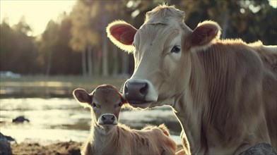 Cow and calf stand close together in a quiet field at sunset, emphasising the warmth of nature, AI