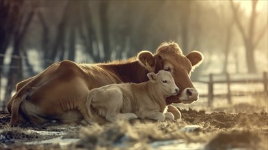 A cow and calf rest close together in a quiet field during sunset, emphasising the companionship