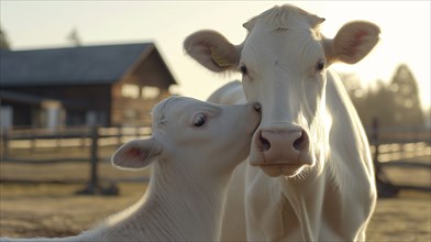 A cow and a calf close together in a barn, radiating warmth and togetherness on a farm, AI