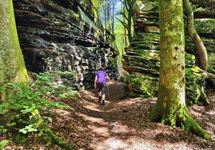 Bizarre red sandstone rock landscapes in the Sauerschweiz, Southern Eifel nature park Park, hiking