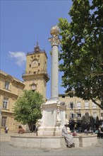 Tower of the Hôtel de Ville, Town Hall and Roman column, Obelisk, People, Town Hall Square,