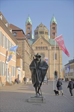 Sculpture Pilgrim by Martin Mayer 1990 and UNESCO Cathedral, St James' Pilgrim, Pilgrims' Way,