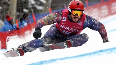 Snowboarder making a sharp turn during a race, with a focused expression and dynamic winter sport