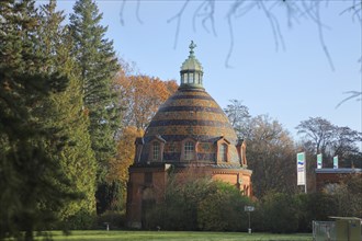 Hinkelstein waterworks built in 1894, brick building with dome, Hessenwasser, airport, Frankfurt am