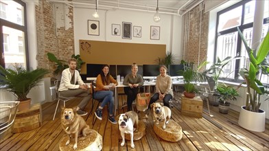 Colleagues sitting in a trendy office with dogs and plants around, creating a casual and relaxed