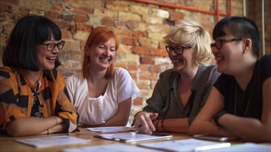 Friends having a joyful conversation indoors against a brick wall, showcasing a casual and happy