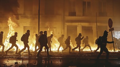 Silhouetted protesters walk through a street engulfed in flames at night, suggesting a violent and