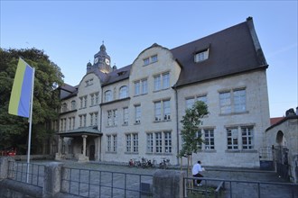 University with Ukrainian national flag, building, Jena, Thuringia, Germany, Europe