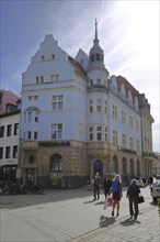 Press house with pedestrian, historic villa, Holzmarkt, Jena, Thuringia, Germany, Europe