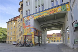 Welthaus, world house with graffiti, street art, gatehouse, Unterm Markt, Jena, Thuringia, Germany,