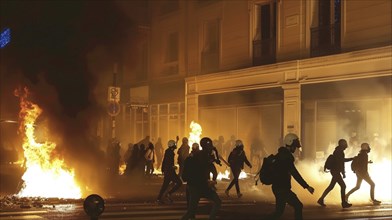 Nighttime urban scene with protesters and police amidst fires and chaos, AI generated