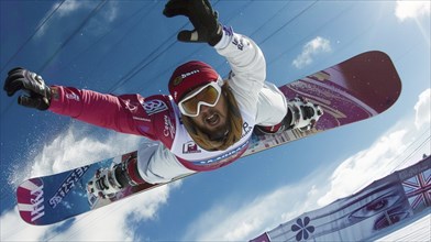 Snowboarder in mid-air, executing a jump against a bright blue sky, displaying dynamism and