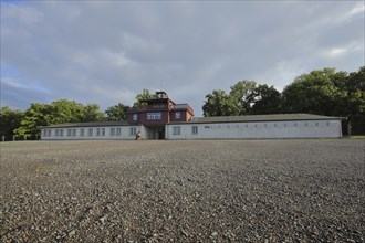 Concentration camp building with camp gate, gatehouse, entrance, floor, Nazi era, beech forest